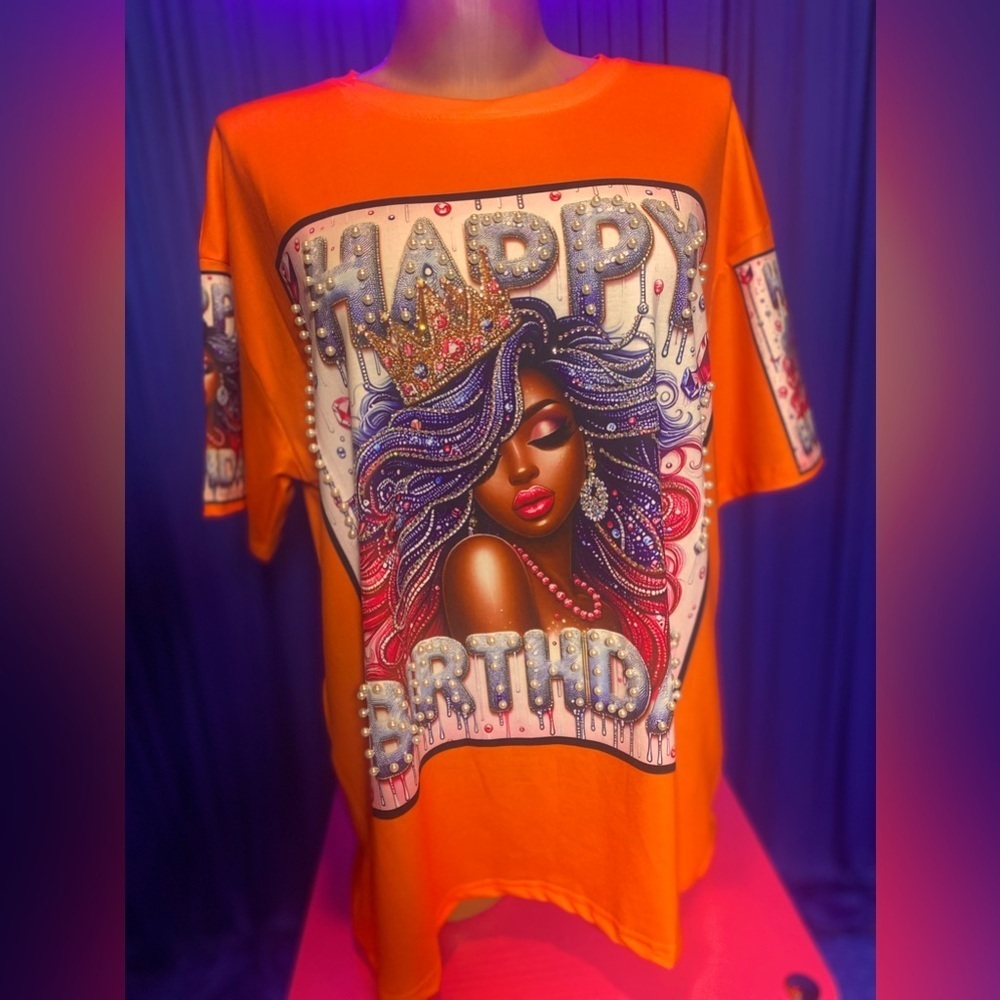 SHIRT: Orange Diva "Happy Birthday" Tee w/Vibrant Pearls & Rhinestones, NWT - Picture 16 of 17